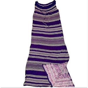 Motherhood L strapless navy and white striped Maxi dress with side slit at hem